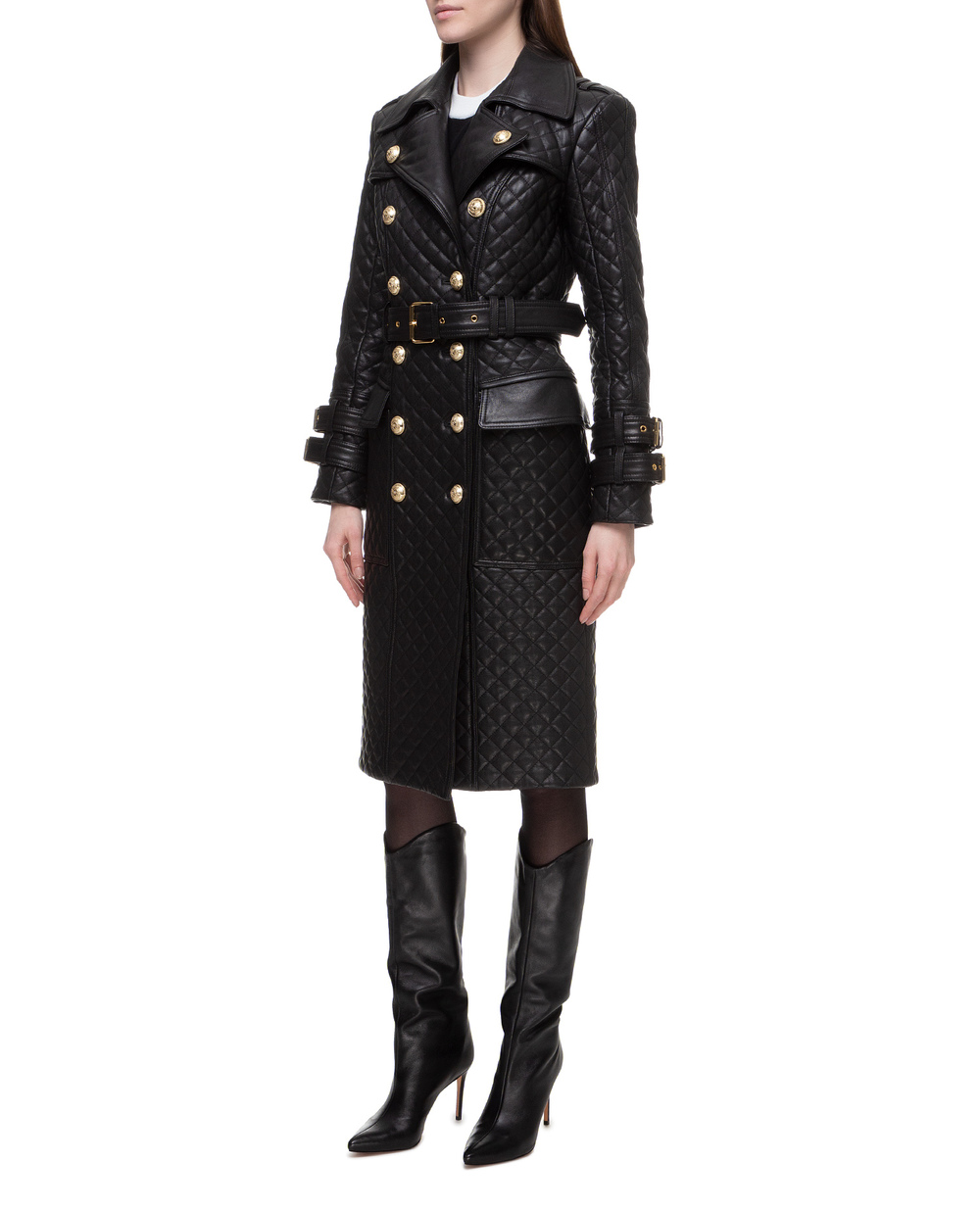 Кожаное пальто Balmain SF18910L069, черный цвет • Купить в интернет-магазине Kameron