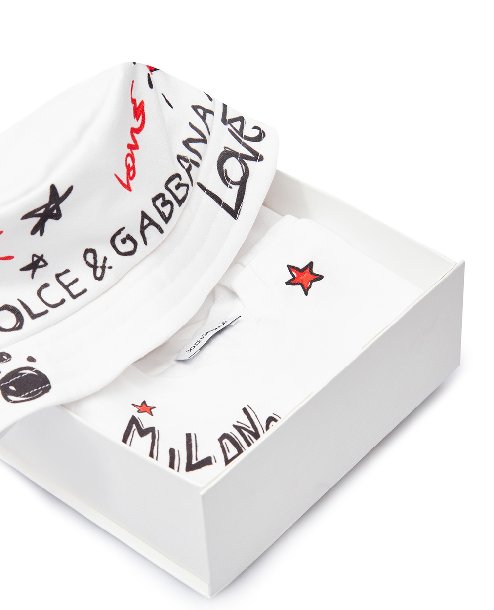 Подарунковий набір (ромпер, панама) Dolce&Gabbana Kids L1JO4E-G7B8W, білий колір • Купити в інтернет-магазині Kameron