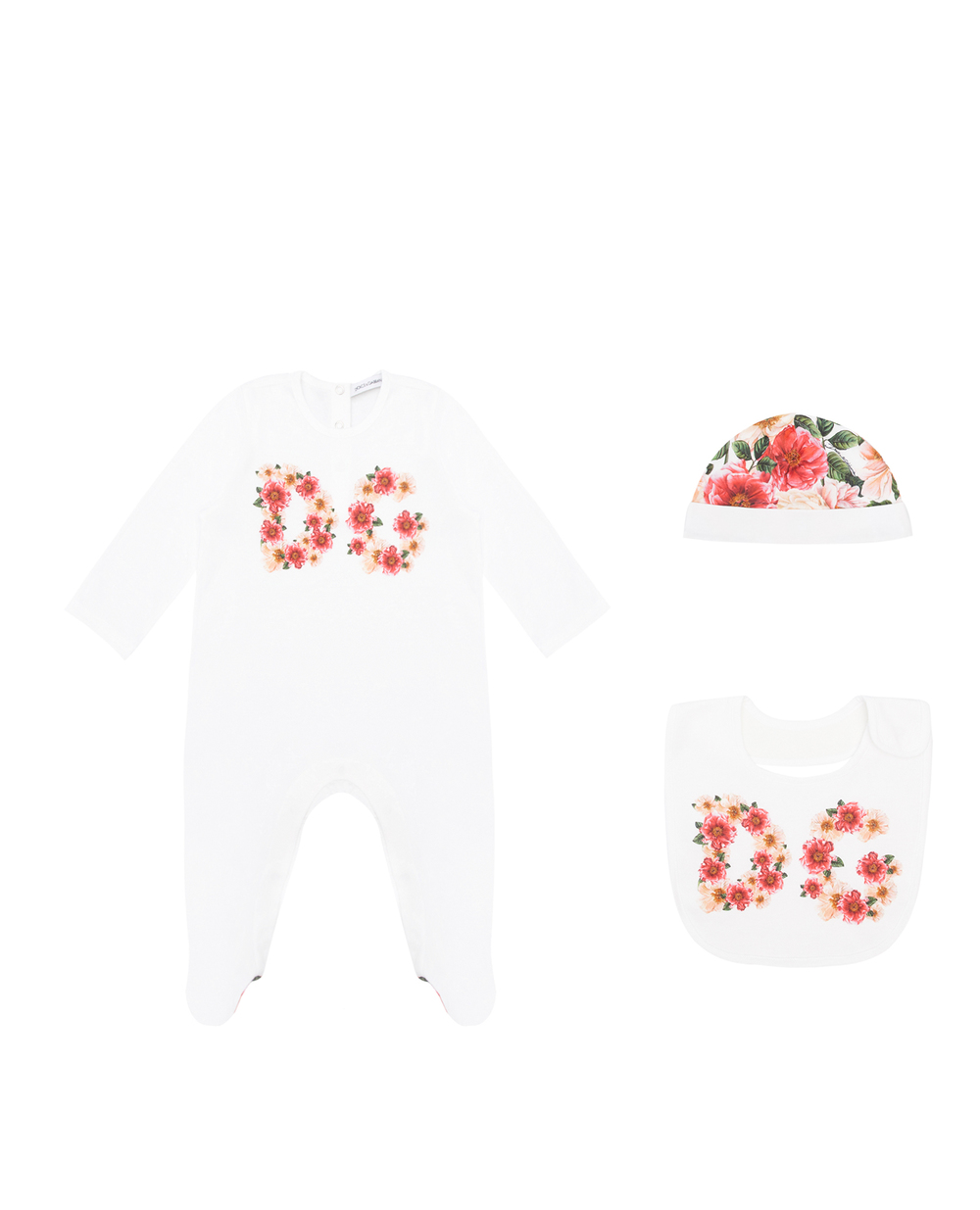 Подарочный набор (человечек, шапочка, нагрудник) Dolce&Gabbana Kids L2JG18-G7XSF, белый цвет • Купить в интернет-магазине Kameron